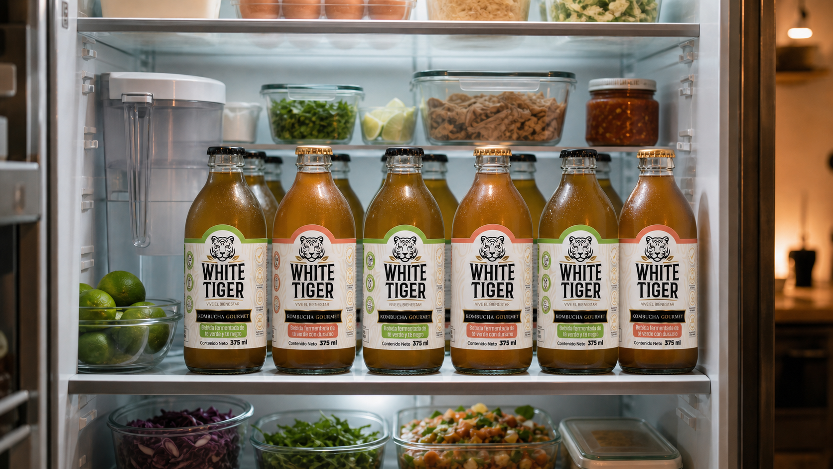 Refrigerador abierto con botellas frías de White Tiger Kombucha Original y Durazno listas para elegir.