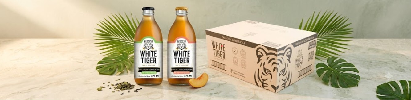 White Tiger Kombucha Original, Durazno y la caja de 24 botellas del Reto 21